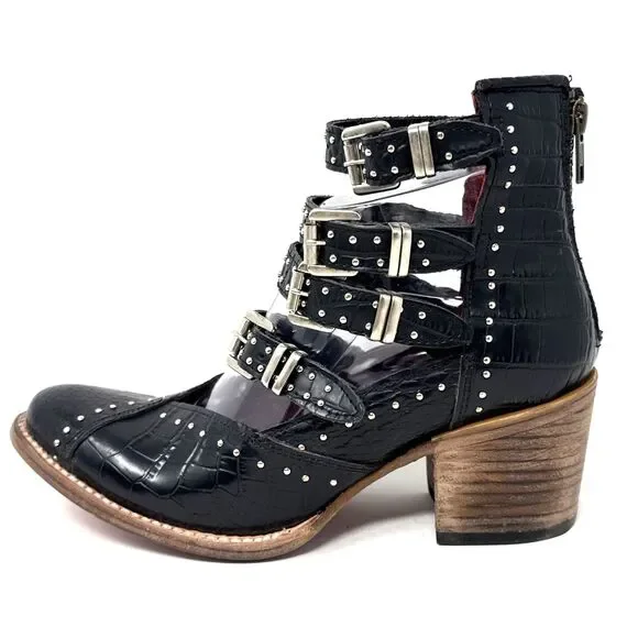 Freebird Felicity Strappy Studded Buckle Bootie Womens 8 Black Leather Red Sole - Picture 10 of 16